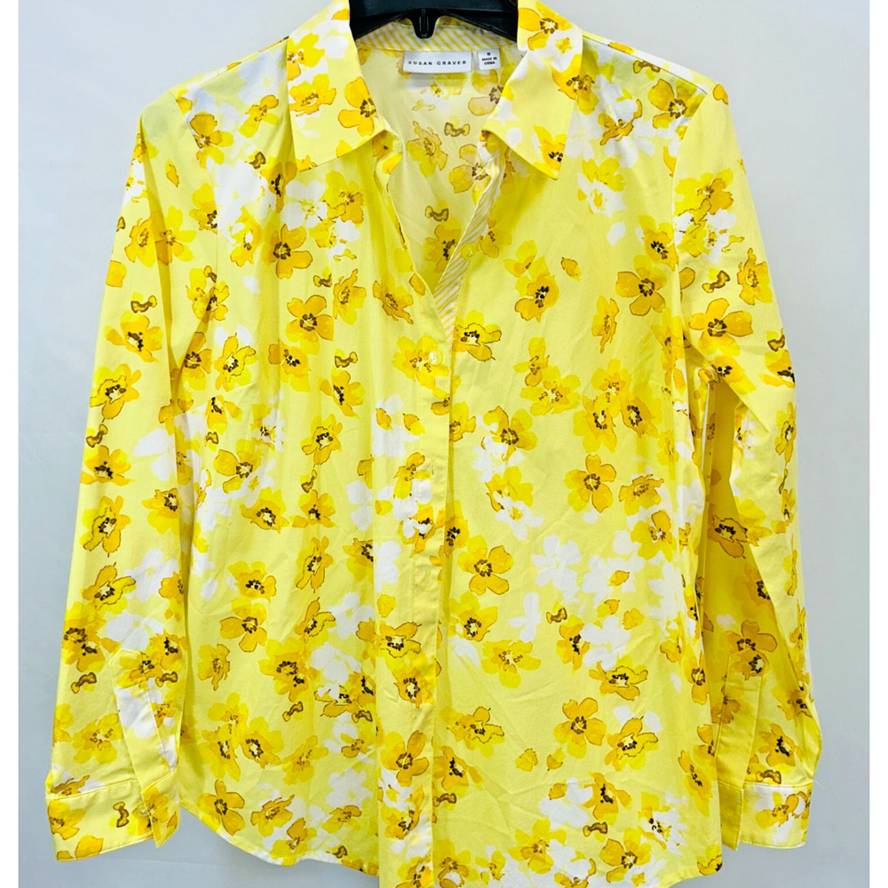 Susan Graver Women’s Yellow Floral Blouse Shirt Size 8 Long Sleeve